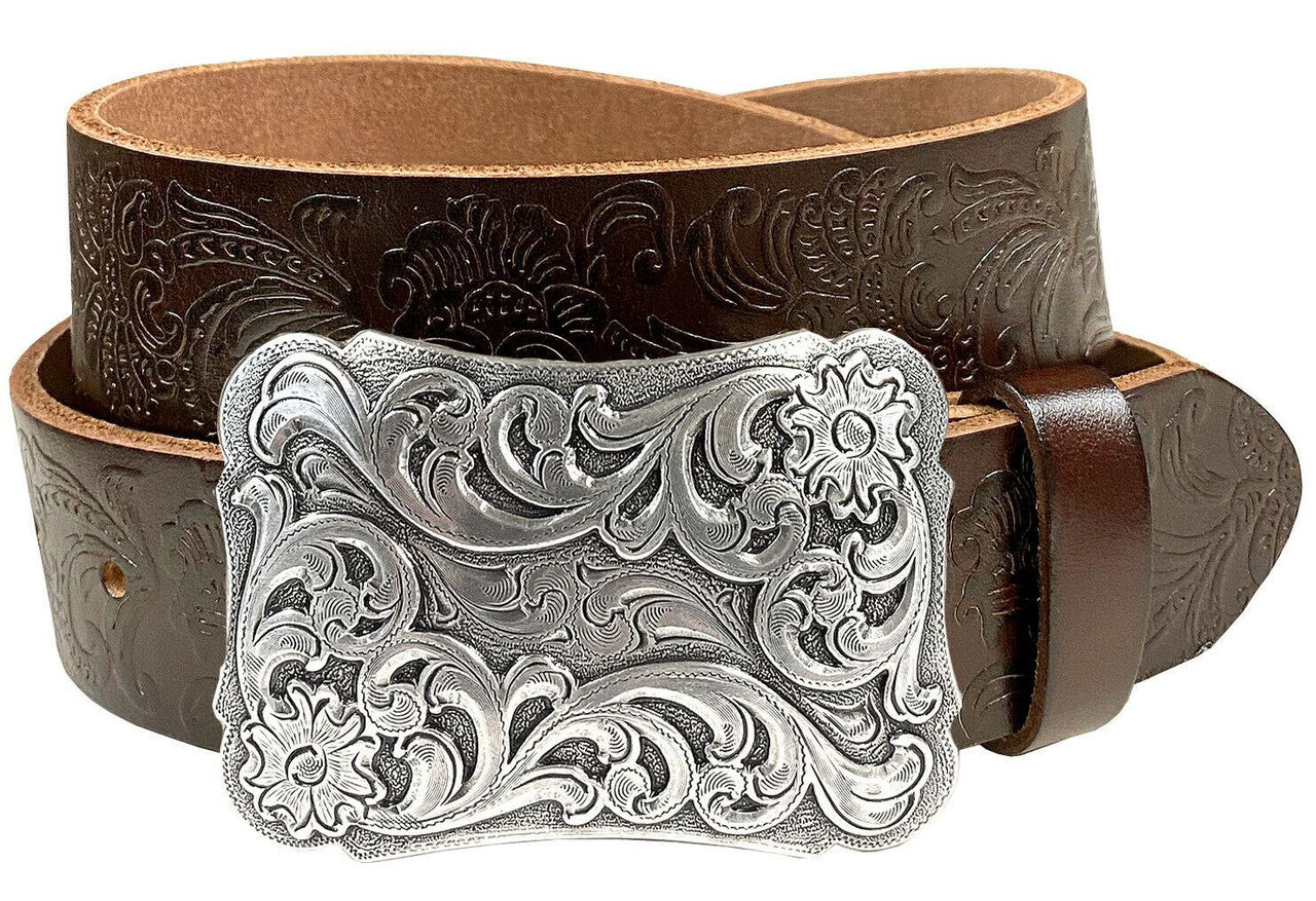 Cowtown Western Floral Engraved Buckle Tooled Full Grain Leather Belt 1-1/2"(38mm) Wide