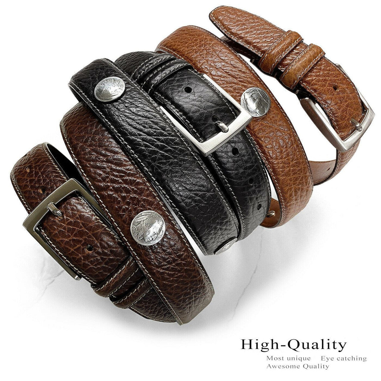 Men's Conchos Belt Genuine Leather Casual Dress Belt 1-3/8"(35mm) Wide