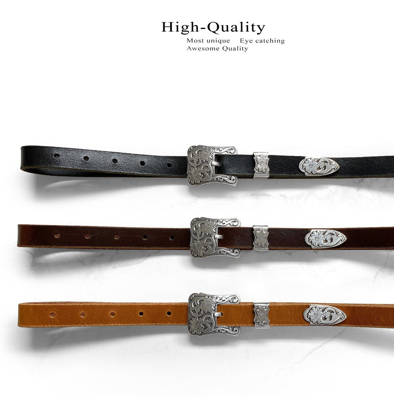 Women's Belt Antique Floral Engraved Buckle Genuine Full Grain Leather Dress Belt 3/4"(19mm) Wide