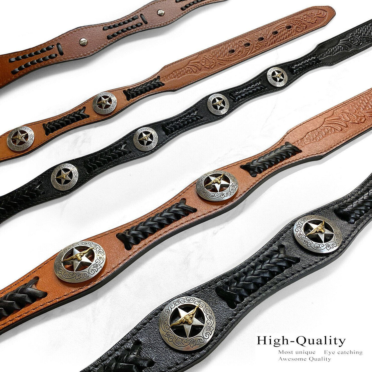 Western Gold Longhorn Buckle Star Conchos Embossed Full Grain Leather Belt 1-1/2" (38mm) Wide