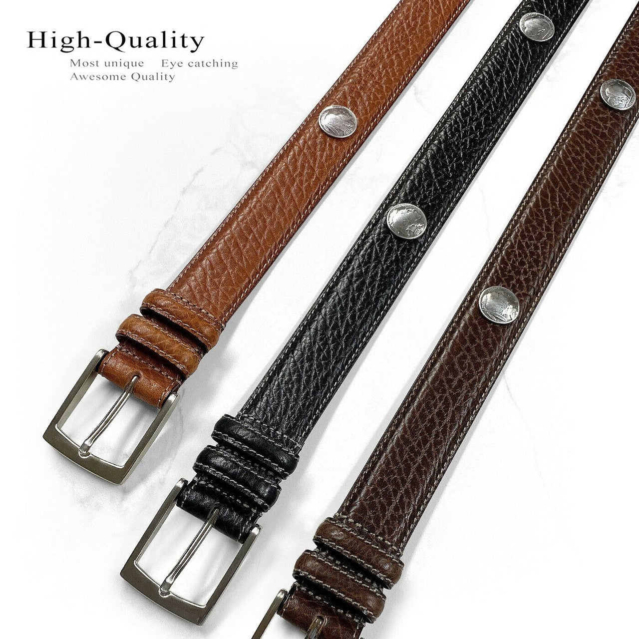 Men's Conchos Belt Genuine Leather Casual Dress Belt 1-3/8"(35mm) Wide