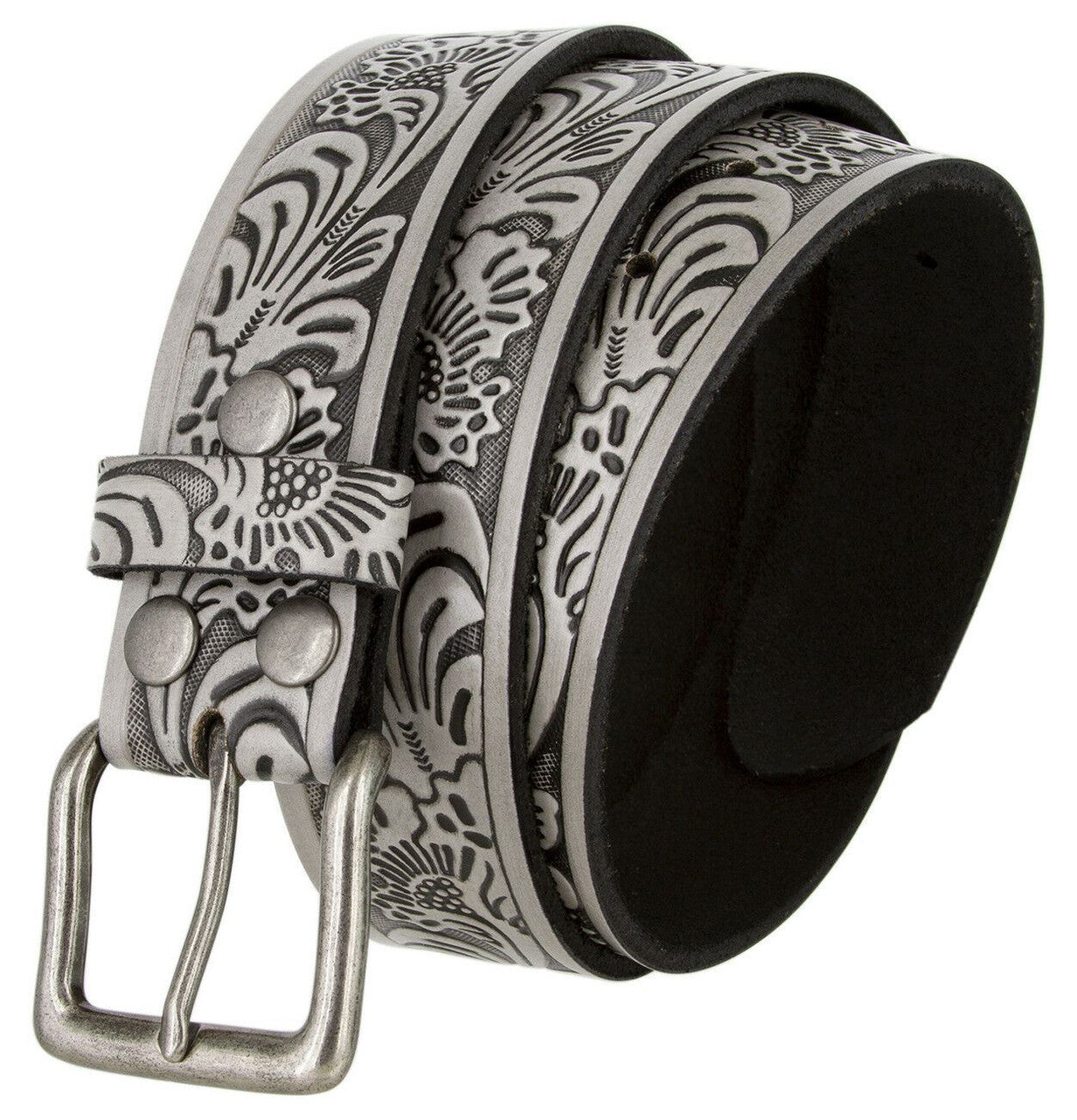 Western Floral Engraved Embossed Tooled Genuine Leather Casual Jean Belt 1-1/2"(38mm) Wide
