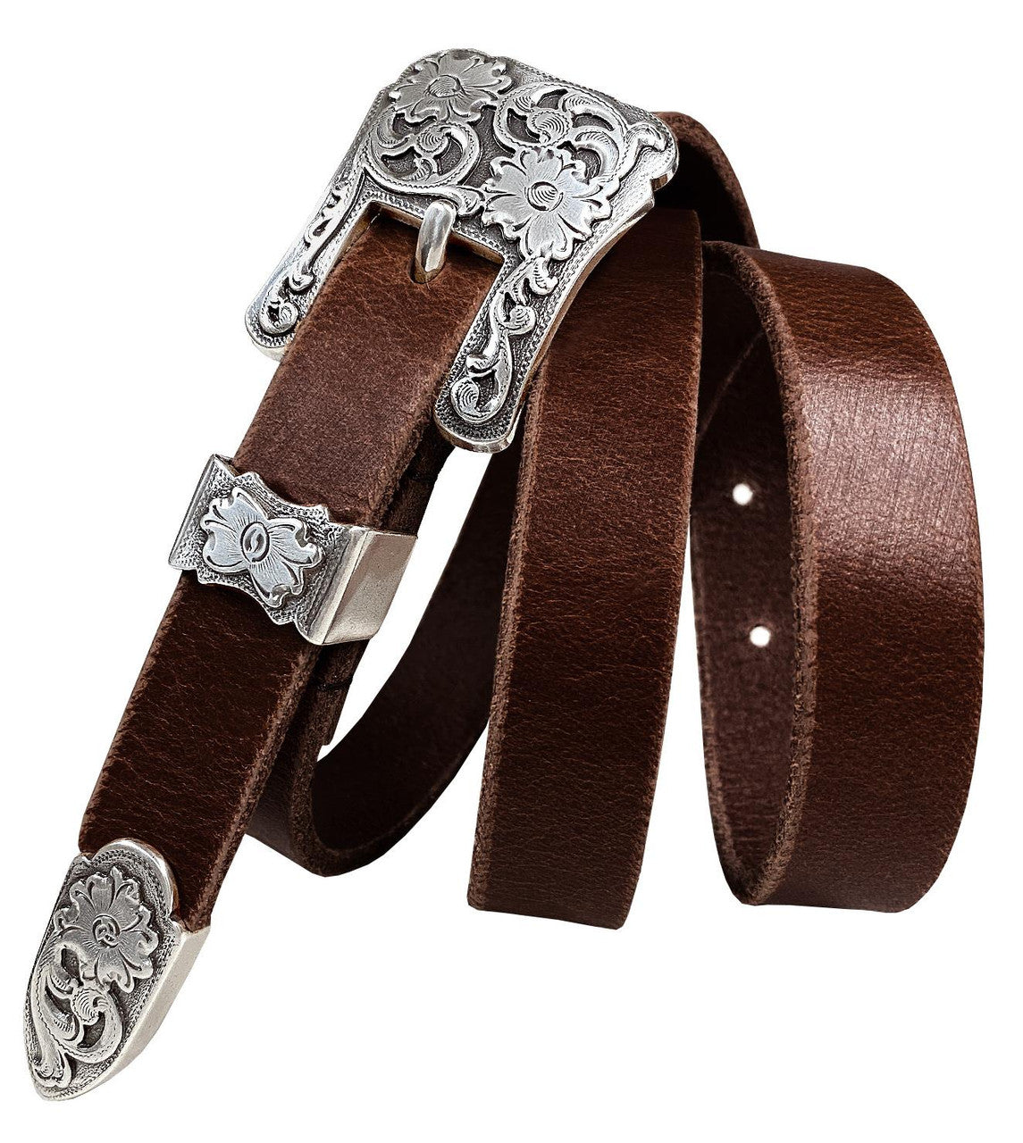 Women's Belt Antique Floral Engraved Buckle Genuine Full Grain Leather Dress Belt 3/4"(19mm) Wide