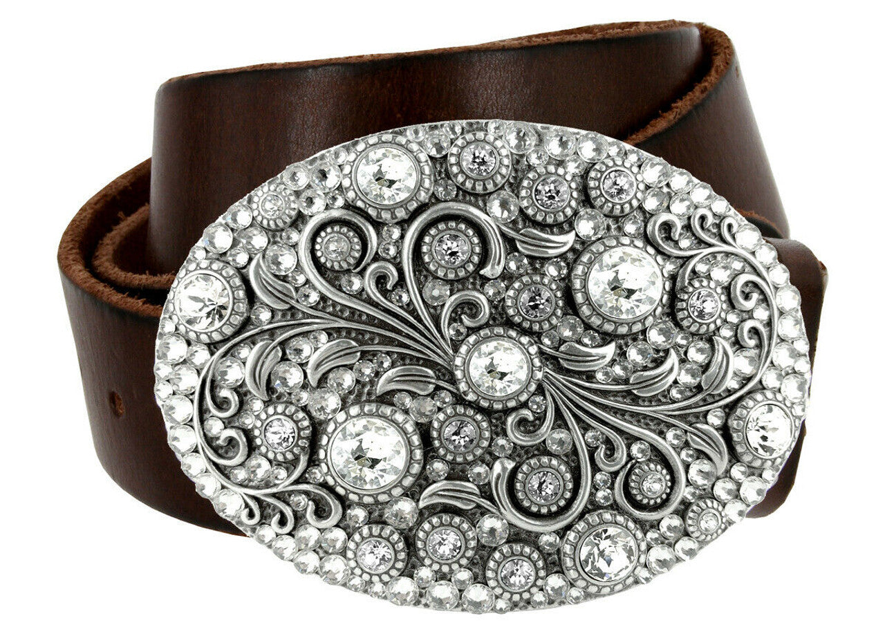 Timeless Tranquility Rhinestone Crystal Floral Buckle Genuine Full Grain Leather Belt 1-1/2"(38mm) Wide